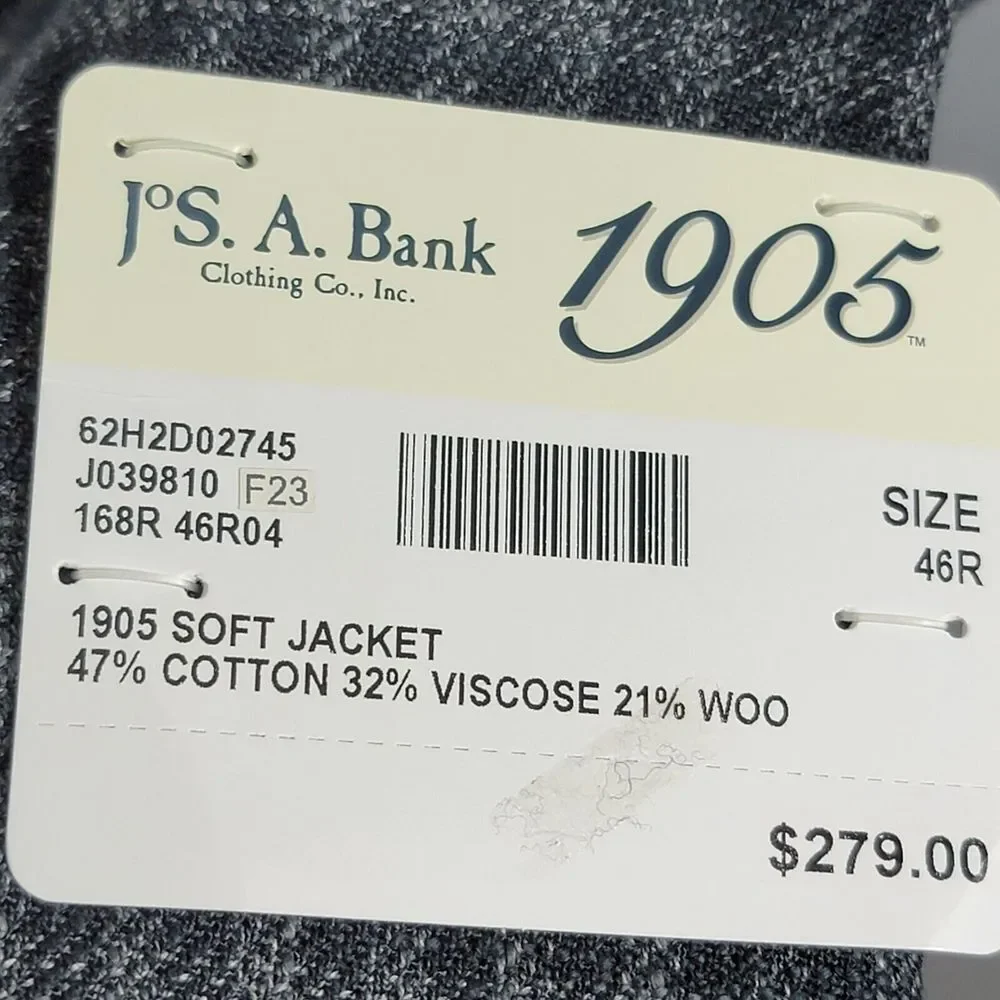 JOS A BANK Men's Sport Coat Two‎ Button Gray Black Check Wool Blend Slim Fit 46R